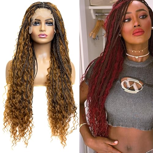 RAHELMO Micro Boho Box Braided Wig - Synthetic Knotless Braided Wigs for Black Women - Full Lace 360 Wig with Natural Baby Hair (#1B27 Off Black and Light Brown, 32")