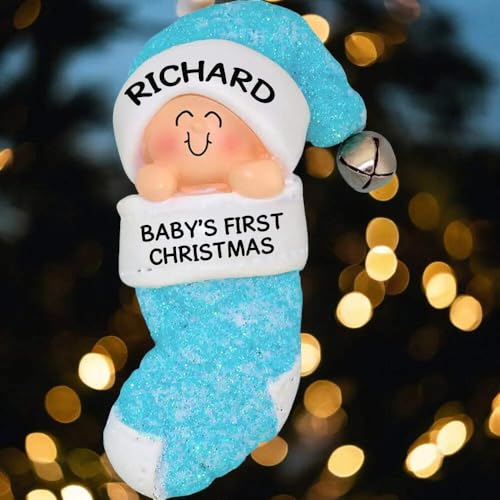 Baby's First Xmas Blue Boy in Stocking Xmas Tree Ornament - Engraving or Personalization...