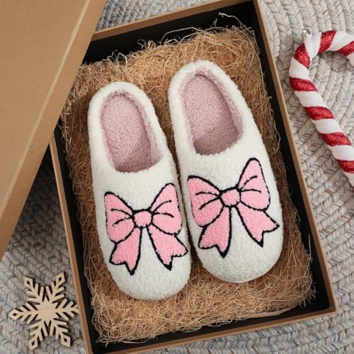 Valentines Bow Slippers for Women Cute Funny House Slides Fun Furry Plush Cozy Shoes Winter2