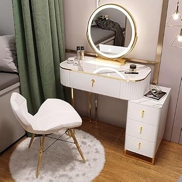 Makeup Table with Flip Top Mirror and Removable Storage Padded Seat Stool Led Smart Glass Dressing Table Chair Set,Vanity Desk with Lighted Mirror, Modern Dressing Table with Sliding Side Ta