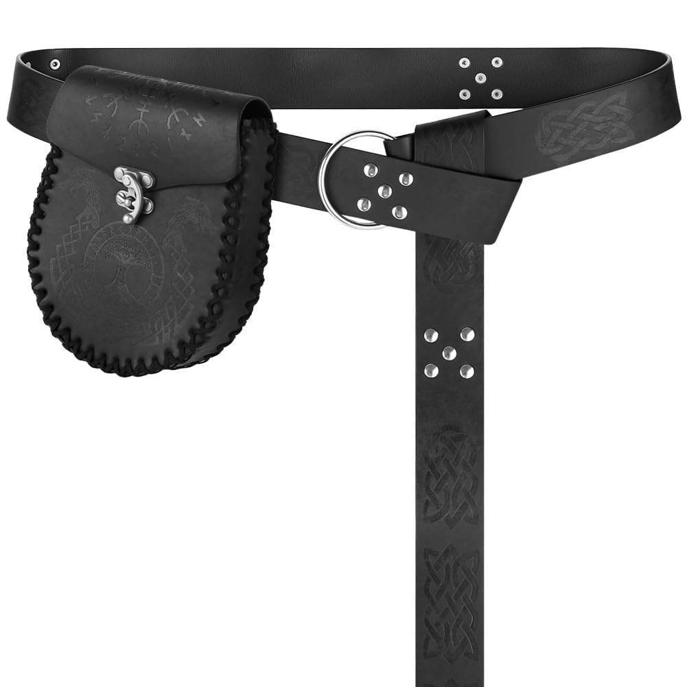 AYBUY Medieval Viking Belt Bag Sets, Medieval Viking Belt with Leather Pouch, Renaissance Accessories for Cosplay Halloween World Book Day Dress up Party(Black, Style A)