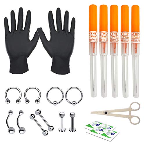 BodyJ4You 20PC Pro Piercing Kit BCR CBR Cannula Needles Belly Navel Nose Lip Ear 14G Silvertone Jewelry