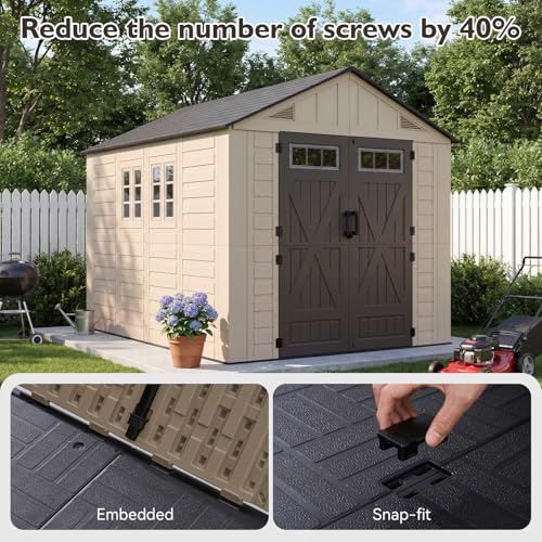 Image of Aoxun 8x10 Ft Outdoor Storage Shed with Floor, Large Resin Outdoor Shed with Lockable Door & Windows, Garden HDPE Sheds for Lawn Tools, Pool Supplies & Bikes