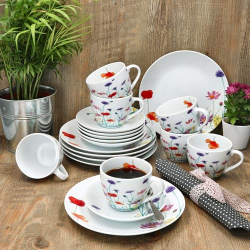 MamboCat Marie 18tlg Kaffeeservice I Porzellan-Geschirr mit Blumenwiese-Dekor für 6 Personen I Je 6x Tassen 190ml, Untertassen & Teller für Frühstück & Kaffee