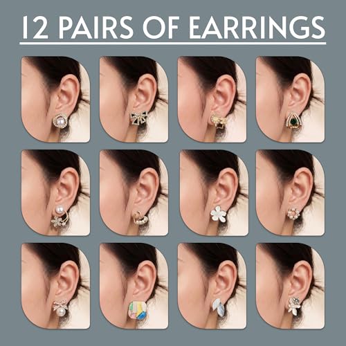 Image of Pretty Pairings 12 Pairs Earrings Set for Women with Jewellery Box | Stylish Stud, Pearl, Drop & Designer Earrings | Premium Gift Set for Girls | Birthday, Anniversary, Engagement