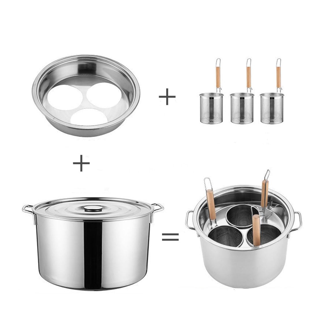 Buokaiw Pasta Cooker with Strainer,Stainless Steel Pasta Cooker Insert Set, Multipots Cooking Tool,Stock Pot with Lid, 3 Holes Pasta Basket for Boiling.for Kitchen Cooking Multiple