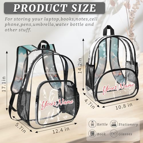 Personalized Large Clear Backpack Stadium Approved Heavy Duty PVC Plastic Custom Nautical Coastal Transparent Backpacks See Through Bag with Name, Ocean Beach Seashell4