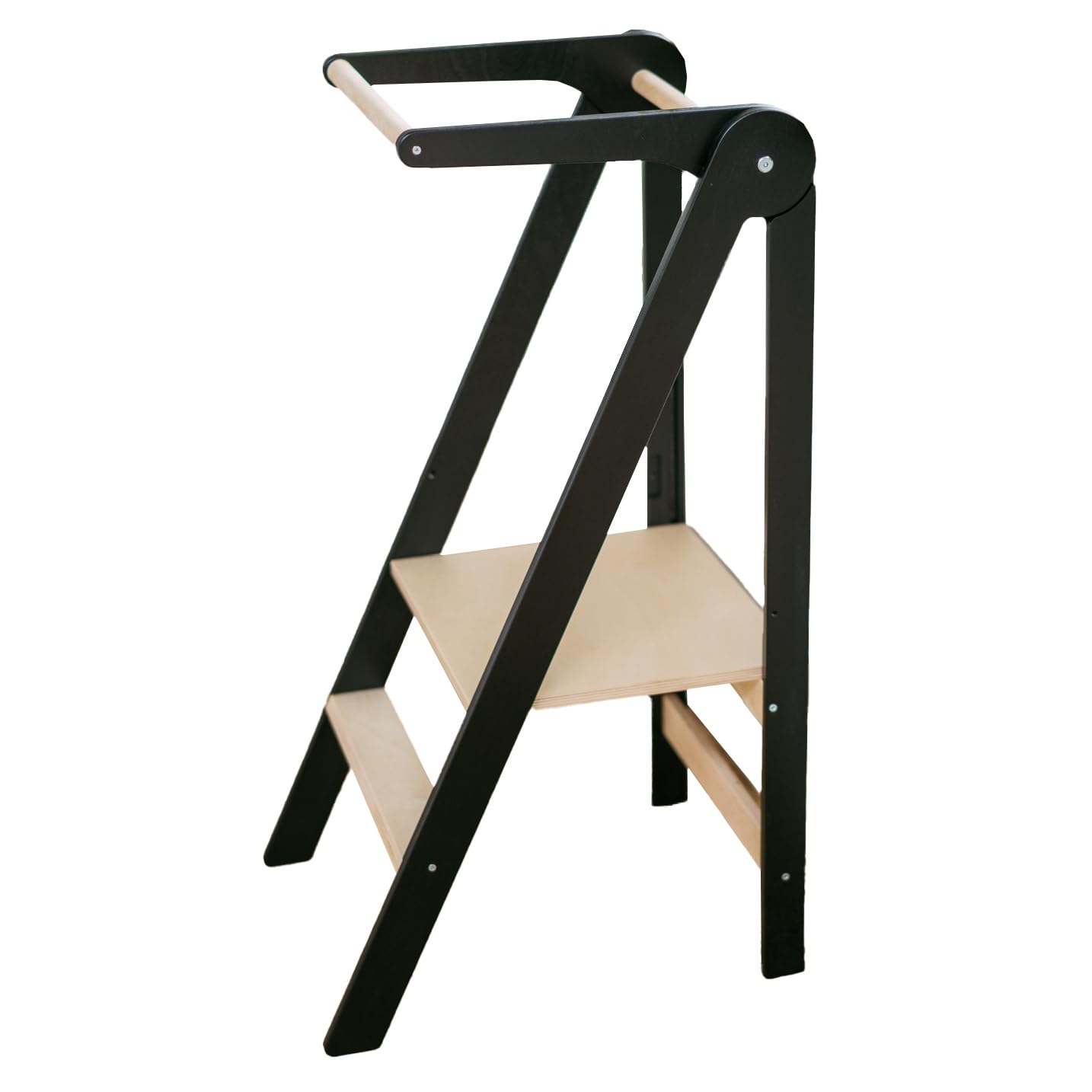Tour de cuisine pliable Leg&Go Montessori avec plate-​forme réglable en hauteur - entièrement assemblée et prête à l'emploi dès sa sortie de l'emballage. (Noire)