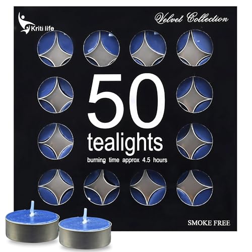 Image of Kriti Life Citronella Scented Tealight Candles - 100% Paraffin Wax, Smokeless, Long Burn Time (4.5 Hours), Dripless Blue Candles for Home Decor, Diwali, Weddings & Meditation - Set of 50