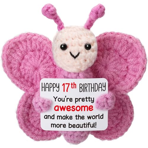 Weming Pink Crochet Butterfly 17th Birthday Gift, Handmade 4' Amigurumi Plush with “Happy 17th...