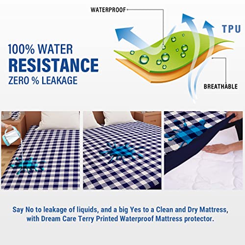 Image of Dream Care Waterproof Fitted Terry Cloth Printed Mattress Protector for King Size Bed with Elastic Strap - 78 inchX48 inch, Dark Blue