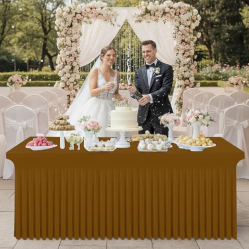 Image of Smiry 2 Pack Spandex Elastic Fitted Table Cloth Skirt for 6FT Table | Stretch Washable Table Cloth, Banquet Table Cover for Wedding, Party, Indoor & Trade Shows, (Dark Brown, 72Lx30Wx30H)