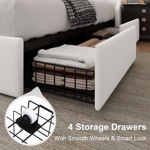 Image of Feonase Upholstered Full Size Bed Frame with 4 Storage Drawers, Charging Station, Tufted Wingback Storage Headboard, No Box Spring Needed, Easy Assembly, White