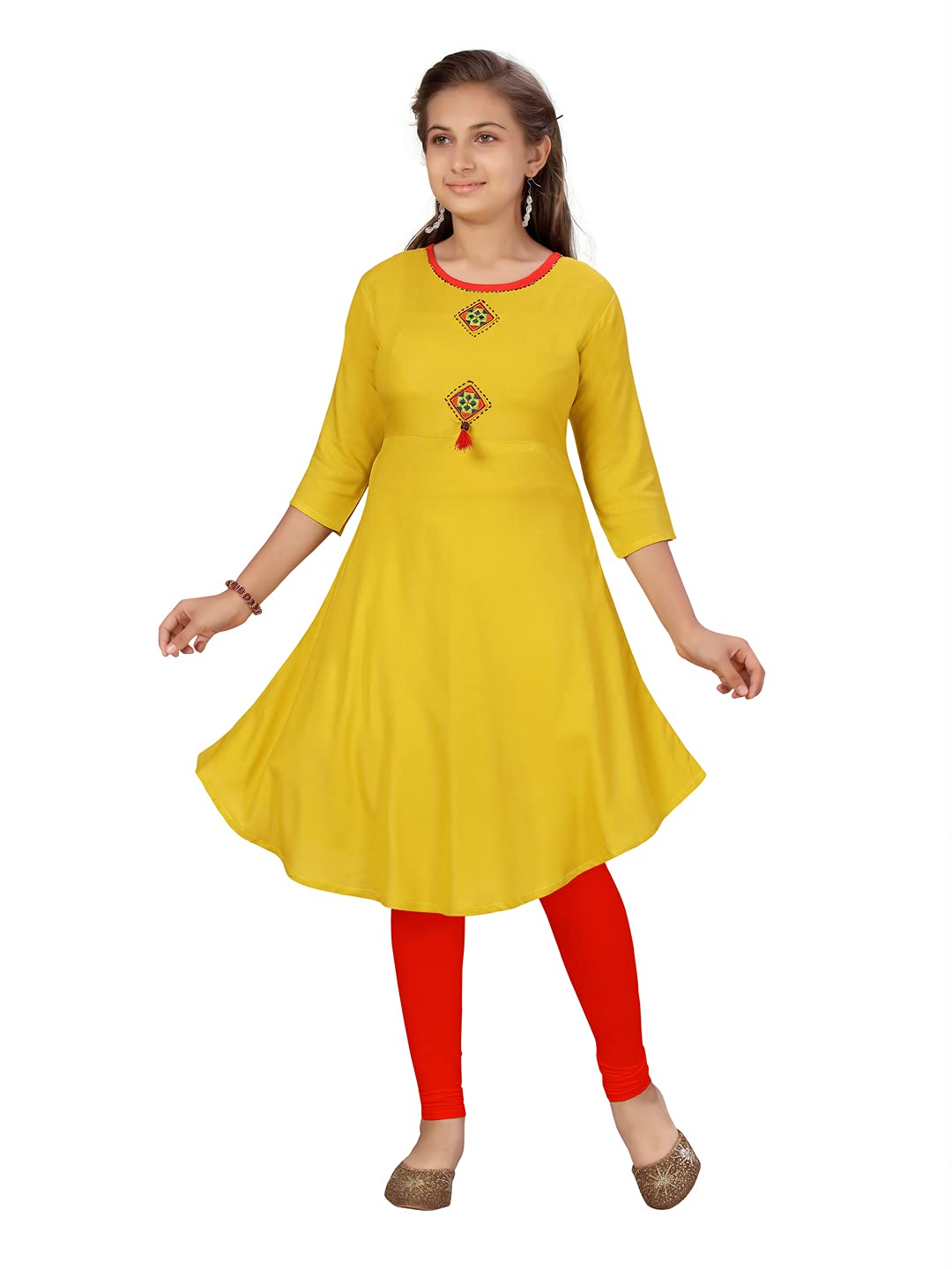aarikka Girl's Cotton Kurti Legging Set (KL-9706_Yellow-Red_36)