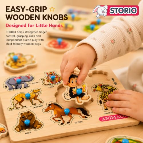 Image of Storio Wooden Puzzle Combo Set for Kids, Vehicle Fruit & Animal Knob Puzzles, Montessori Educational Learning Toy, Fine Motor Skill Wooden Board for Toddlers Boys Girls Age 2+ Years
