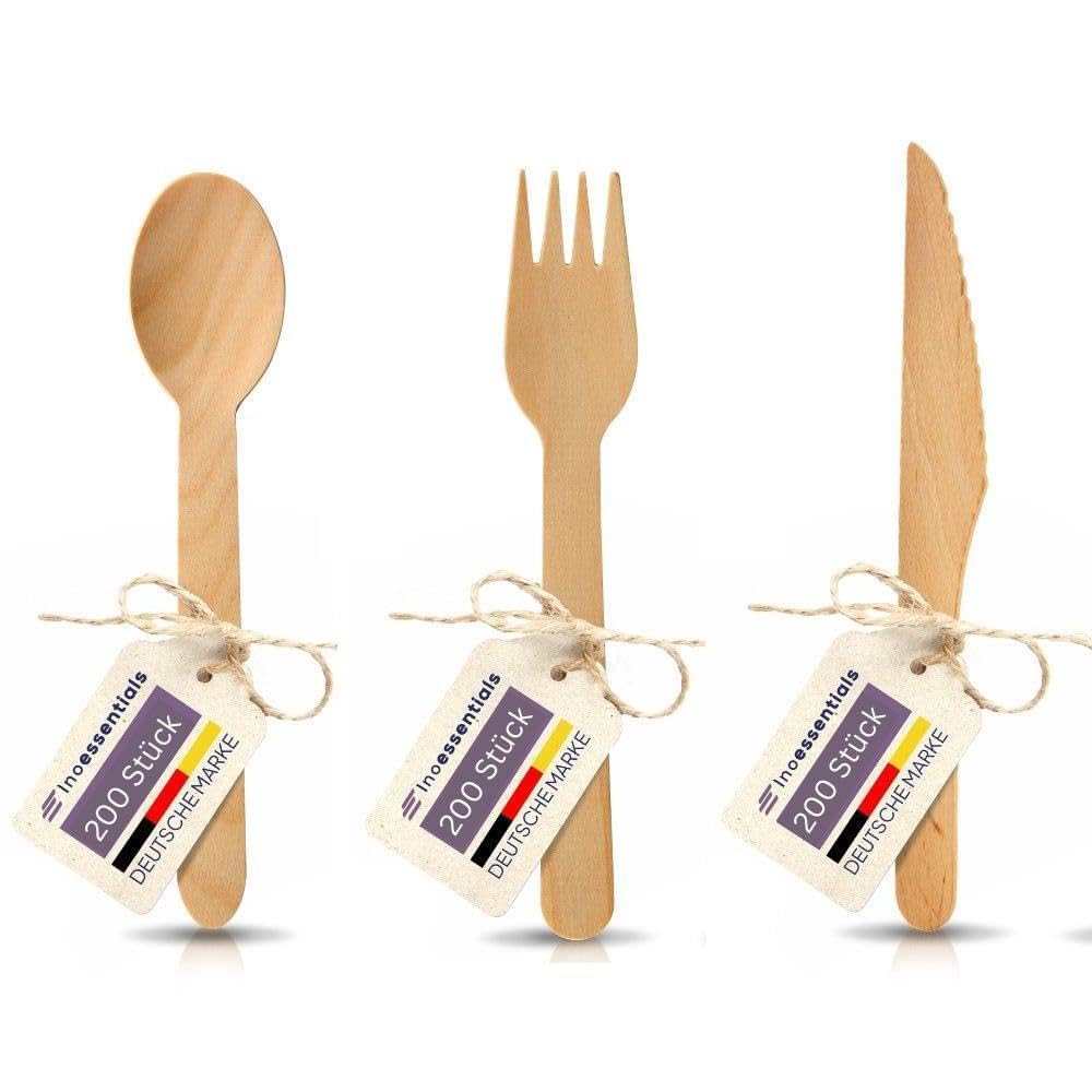 Inoverse Set di posate in legno, 600 pezzi, 200 forchette in legno, 200 cucchiai in legno, 200 coltelli in legno, posate usa e getta, posate biodegradabili in legno, posate monouso, stabili e monouso