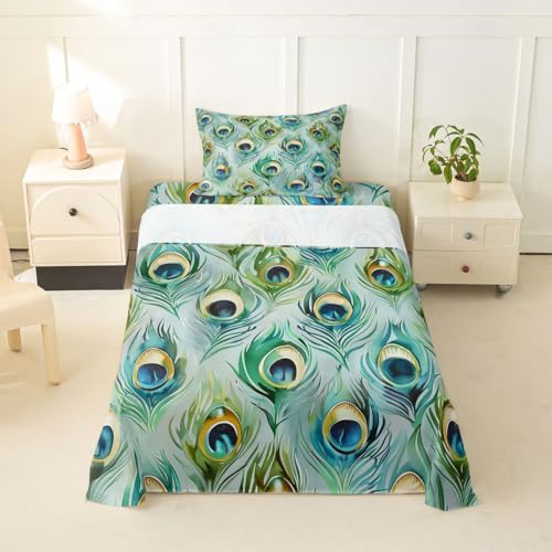Homemissing Juego de sábanas de plumas, tamaño individual, diseño de pavo real, sábana bajera ajustable de estilo bohemio, juego de cama suave, 3 piezas con 1 funda de almohada