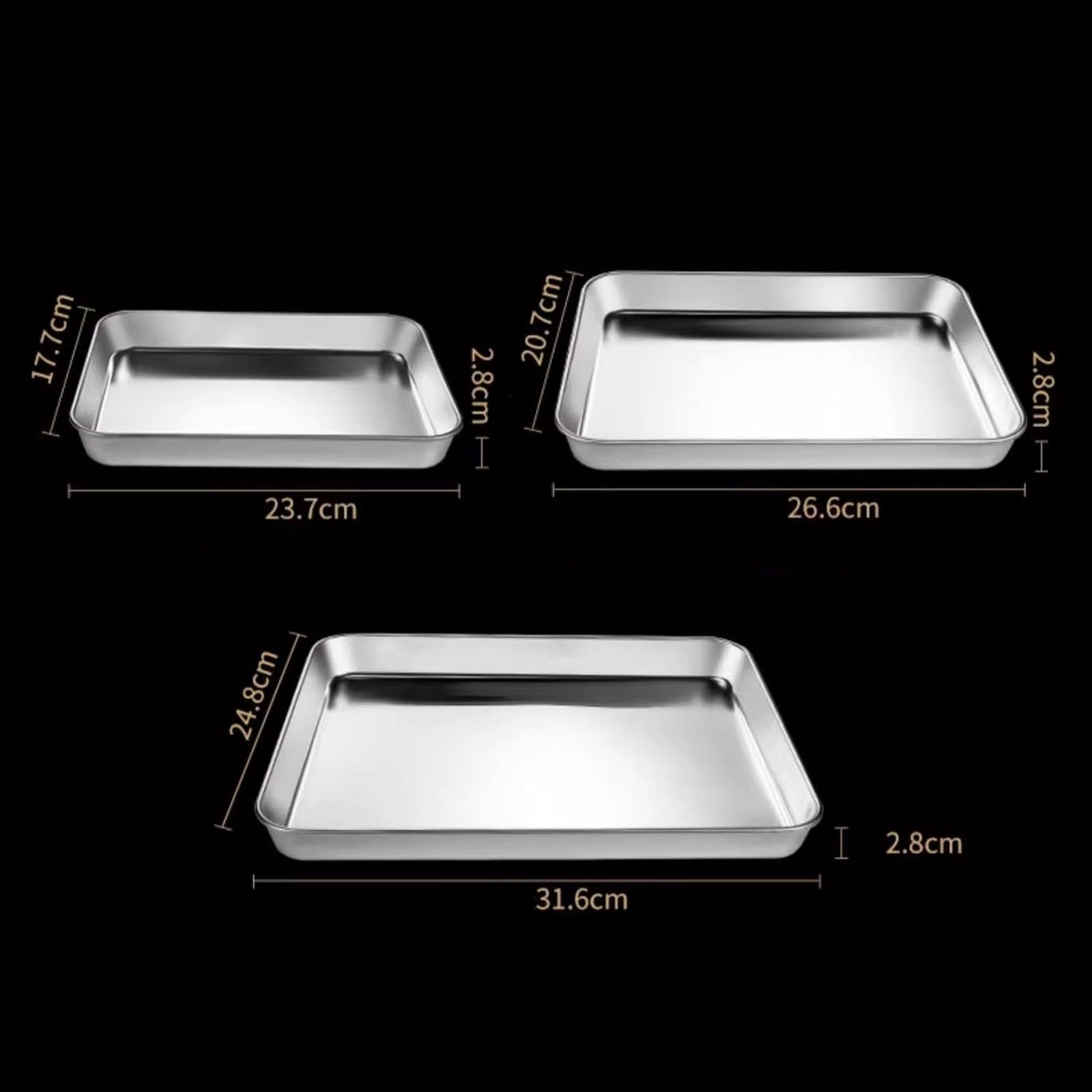 Backblech, 2 Edelstahl-Kuchenbleche, Ofenblech, rechteckiges Ofenblech zum Backen/Braten/Servieren, spülmaschinengeeignet (23,7 cm/26,6 cm/31,6 cm)