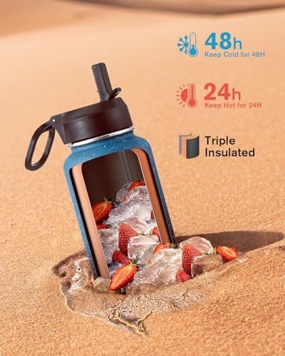 Image of Coolflask 40 oz Water Bottle Insulated with Straw & 3 Leakproof Lids