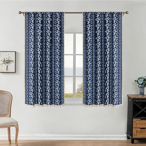 Image of Boho Curtains 63 Inch Long for Living Room, Bedroom, 2 Panels Floral Farmhouse Vintage Tassel Semi Sheer Light Filtering Privacy Window Curtain Drapes with Rod Pocket, Navy Blue