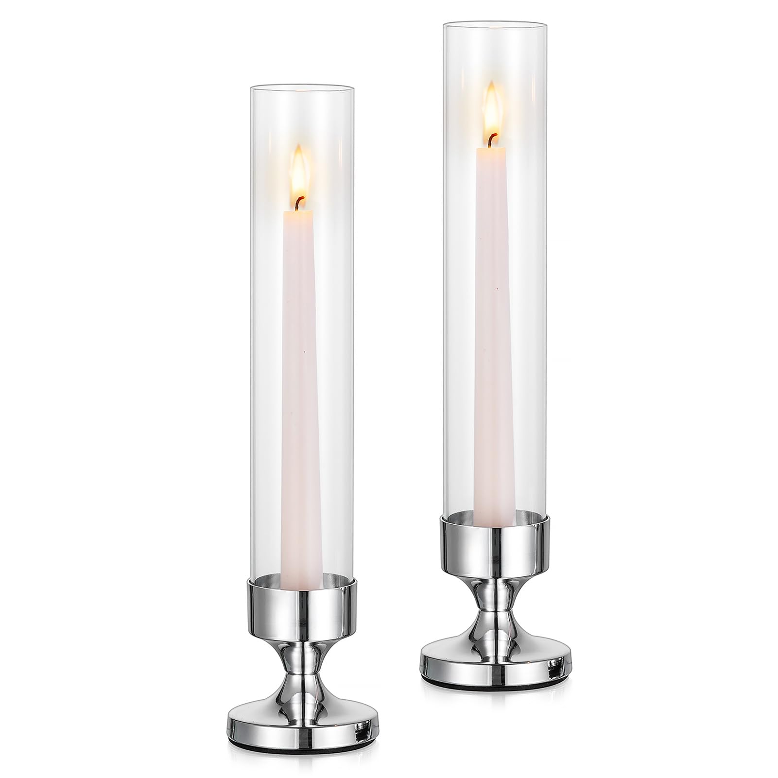 NUPTIO Hurricane Glass Candle Holder: Silver Candle Sticks Holder Tall Taper Candlestick Glass Cylinder - Set of 2 Wedding Centrepieces for Tables Fireplace Dining Table Decor