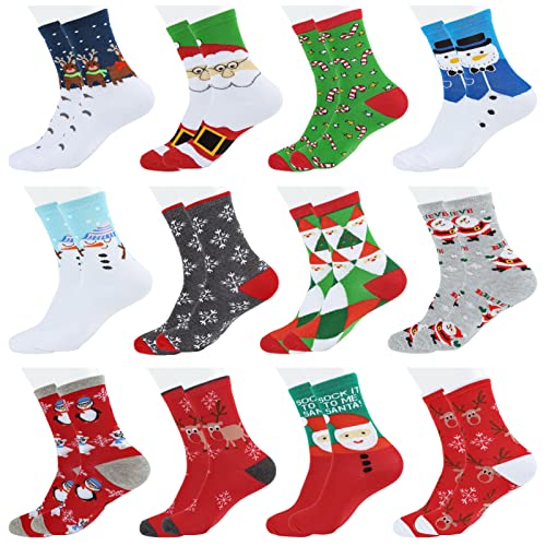 12 Pairs Women's Christmas Crew Socks - Cozy Cotton Knit Xmas Socks - Assorted Styles - Cute Novelty Gifts