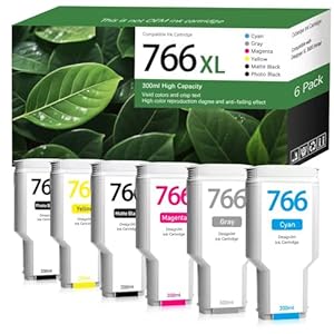 766 Ink Cartridges Replacement for HP 766 Ink (P2V94A P2V90A ‎P2V89A ‎P2V92A P2V93A ‎P2V91A) Compatible with Designjet XL 3600 Printer (300ML High-Yield, 6 Pack, MK/PK/C/M/Y/G)