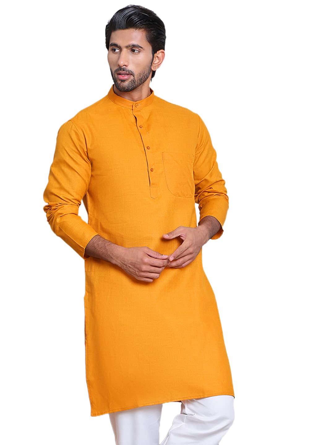 Jompers Mustard Solid Cotton Kurtas For Men (Mustard, Xl)
