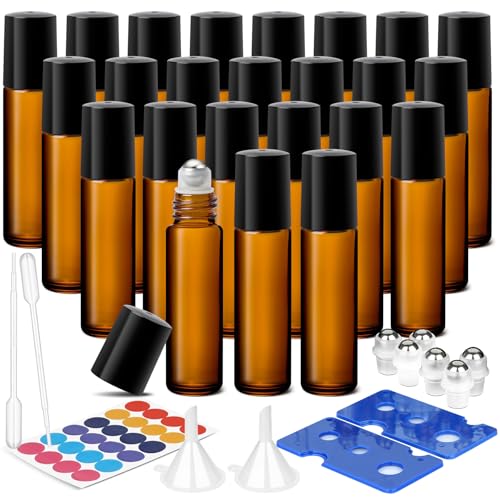 ComSaf 24 Pcs Roller Bottles for Essential Oils 10ml, Update Triple-Lock Seal Roll on Bottles Amber Perfume Glass Roller Balls for Essential Oils with Full Accessories
