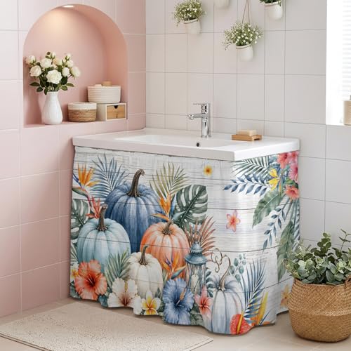 Kitchen Cabinet Curtains Tropical Pumpkins Plants Sink Skirt for Bathroom Fall Palm Leaves Flower Wood Grain Dishwasher Curtain Cover Under Desk Curtain Skirt Drape for Classroom Laundry 28"x35" - Image 8