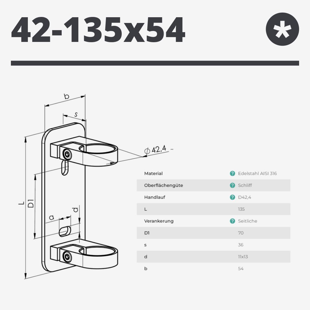 Sellon24® Anclaje de pared de acero inoxidable, redondo, poste de barandilla, 42,4 mm, ajustable, soporte de poste, conector redondo, soporte para tubos, estable, lateral, poste de pared, abrazadera