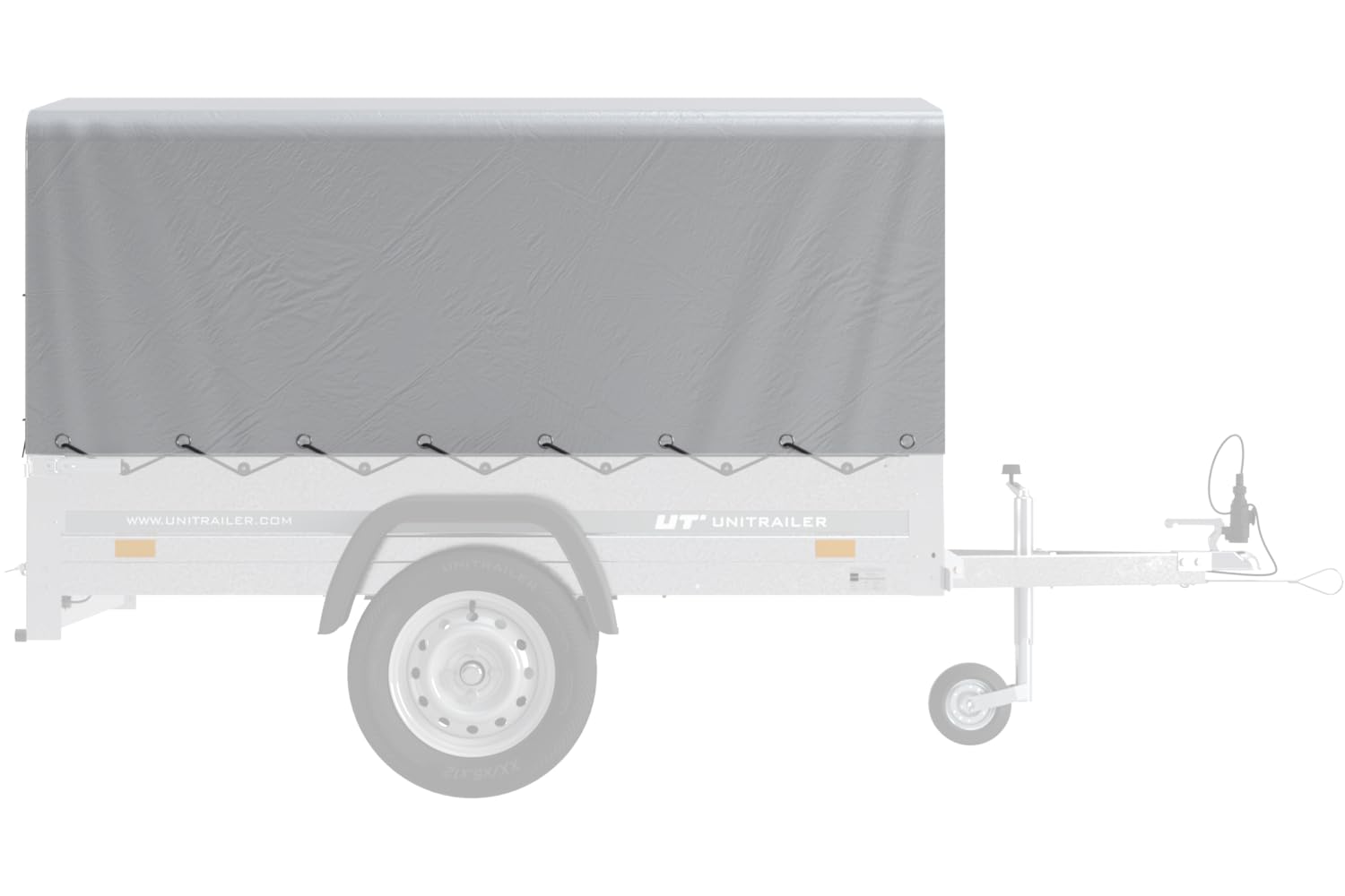 UNITRAILER Anhängerplane 200x106 cm in Grau, 80 cm Hochplane wasserdicht für Garden Trailer 200 Kipp, Abdeckung mit Expanderseil und öffenbarem Hinterteil