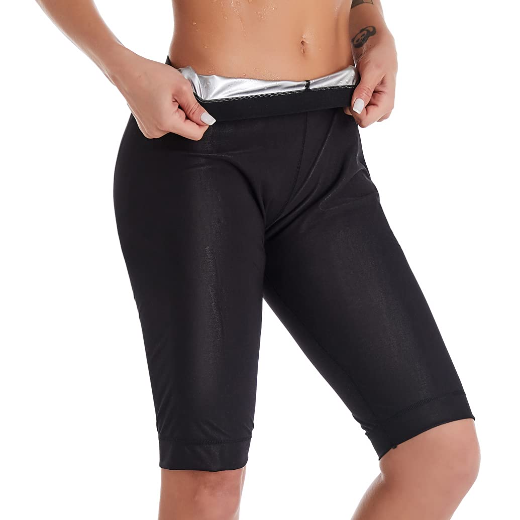 Bakerdani Women Thermo Hot Sauna Shorts Fitness Exercise Capri Pants Workout Hot Thermo Body Shaper Black