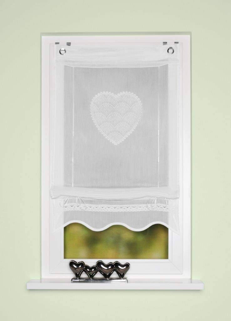 HOME WOHNIDEEN 91417 Corazon Roller Blind with Eyelets and Hooks Made of Batiste Embroidered and Lace with Bottom Cover White Dimensions (H x W) 130 x 45 cm - Image 2