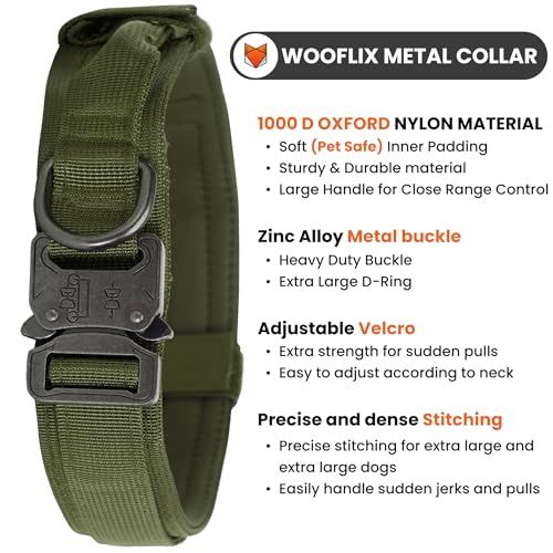 Image of WOOFLIX Metal Dog Collar For Training & Walks|Nylon Collar With Tactical Metal Buckle & D-Ring For Medium & Large Dogs|Dog Collar For Medium & Large Dogs (Extra Large, Army Green) - 25 X 5 Cm