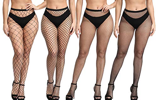 Image of 4 Pairs Women Fishnet Tights,Mesh Fishnet Stockings Pantyhose,Thigh High Elastic Stockings