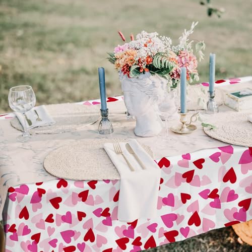 Image of Valentine's Love 3-Pack Tablecloths: Waterproof & Disposable Plastic Covers, 54x108 inch, Romantic Heart-Themed Decorations for Memorable Party Tables