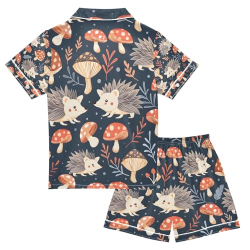 senya Hedgehog Mushroom Satin Summer Pajama Sets Silk Short Sleeve Button Down Sleepwear2