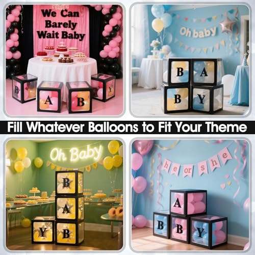 Image of Ledido Baby Boxes with Letters for Baby Shower Decorations, 4 pcs Clear Balloon Boxes with Letters for Boys Girls Gender Reveal Decorations Birthday Wedding Backdrop Party (Black)