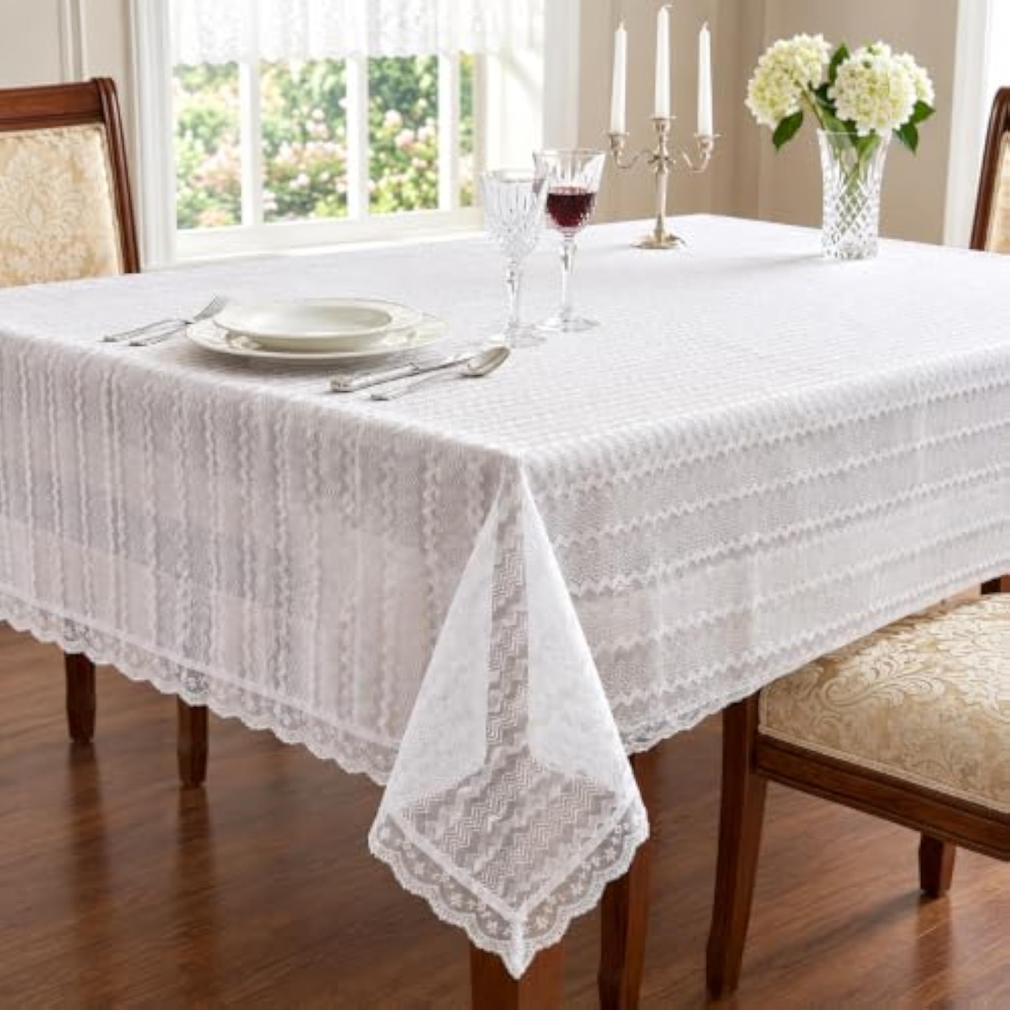 Embroidered White Net Tablecloth with Scalloped Lace Edge