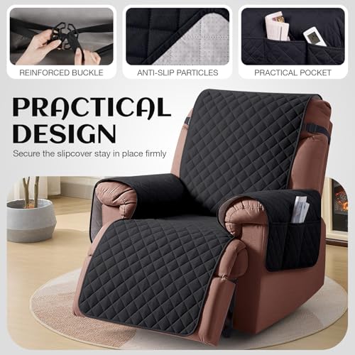 Image of KinCam 100% Waterproof Recliner Chair Cover, Reclining Couch Covers for Pets, Dogs, Recliner Couch Slipcover Furniture Protector with Elastic Straps for Kids(23.6 inch, Black)