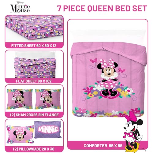 Image of Disney Minnie Mouse Queen Comforter Set 7 Piece Kids Bedding, Pink | Bed in a Bag, Comforter Sheets Shams Pillowcases, Official Brand, Soft Microfiber, Machine Washable, Girls Gift