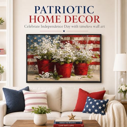 Image of American Flag Framed Canvas Wall Art, 4th of July Floral Canvas Prints, Wildflower Landscape Patriotic Decorations, Vintage Rustic Independence Day Wall Decor for Bedroom Living Room Office 20x24