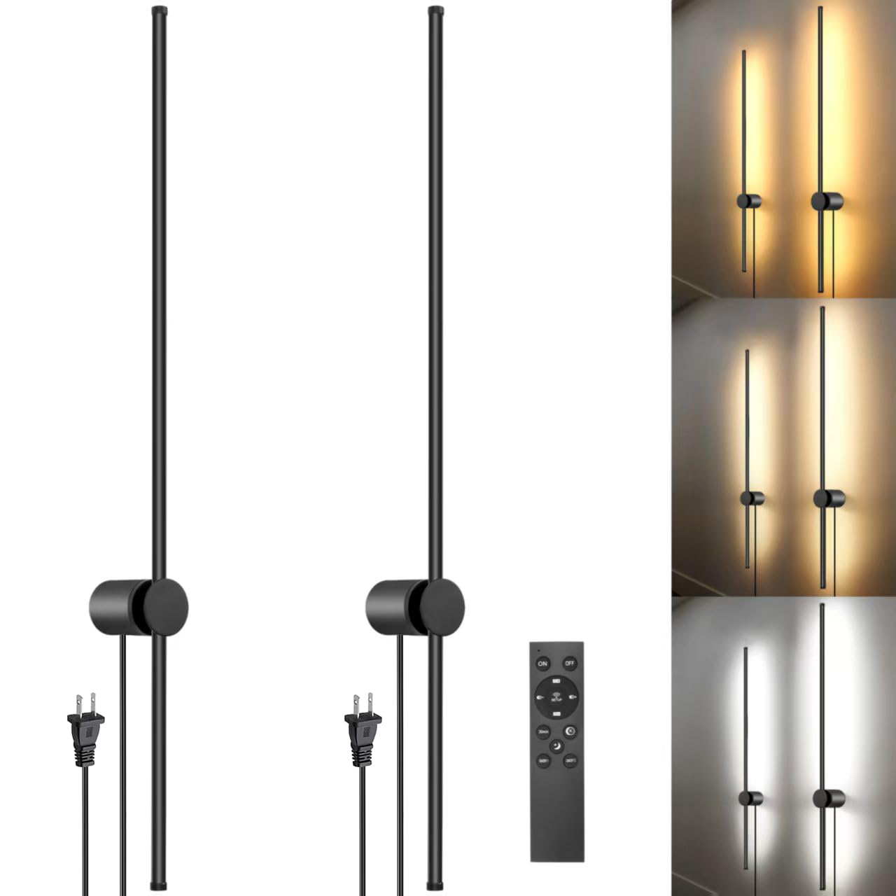 GOODATE Wall Sconces Set of Two with Remote, Stepless Colors 3000K-6500K & Stepless Dimming, Hardwire or Plug-in, 180° Rotate, LED Black Plug in Wall Sconces with Timer & Night Light, 39.4 Inches — image 1