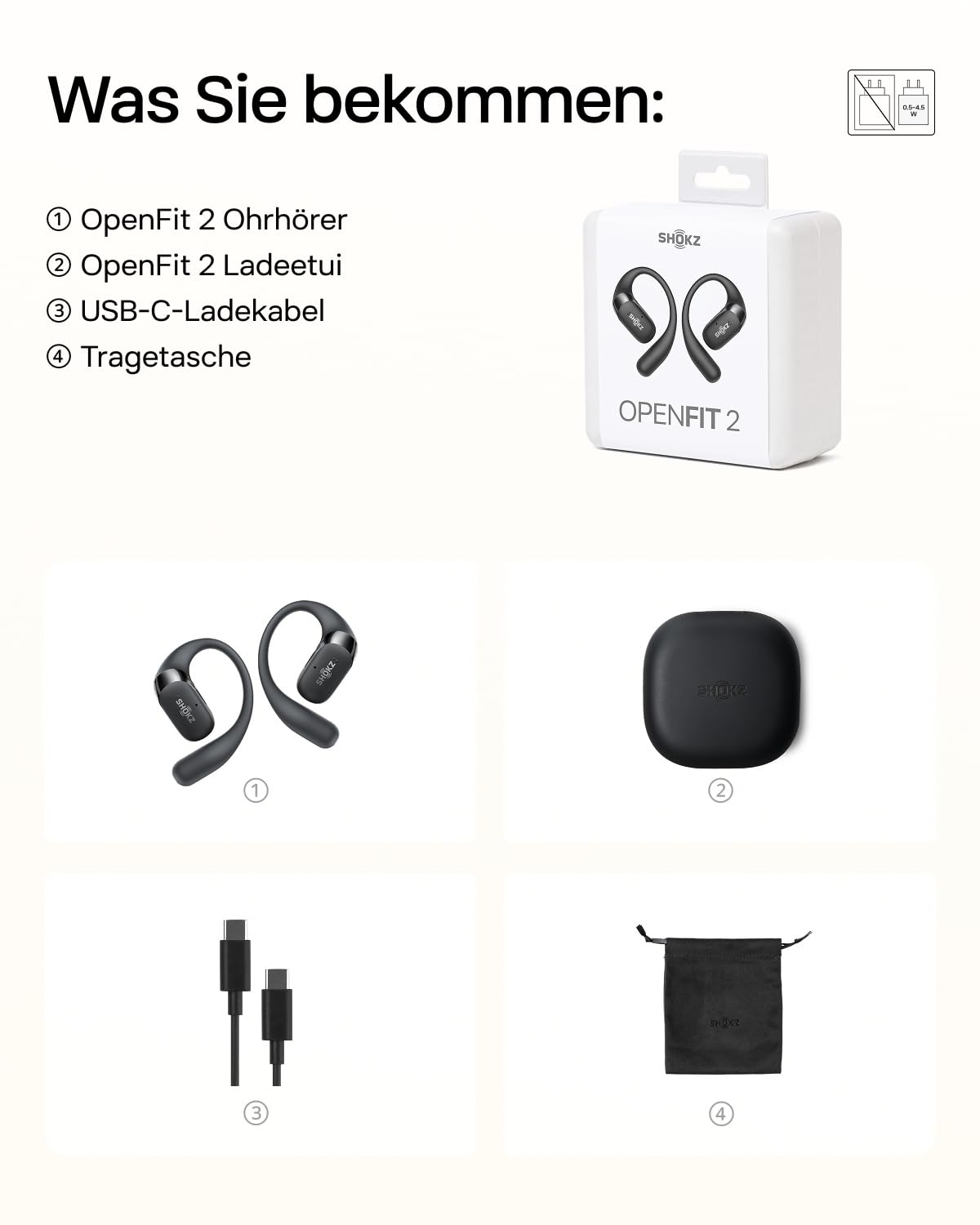 SHOKZ OpenFit 2 Open-Ear-Kopfhörer, True-Wireless-Bluetooth-Ohrhörer mit Mikrofon, Ohrbügel-Open-Ear Headphones mit 48 Stunden Wiedergabezeit, Schnellladung, IP55 Wasserfest, mit Tragetasche, Schwarz