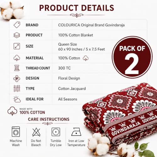 Image of Govindaraja 100% Cotton Blanket | Queen Size (60 x 90 Inches / 5 x 7.5 Feet) | Floral Design | 300 TC Chennimalai Bedsheet | Maroon & Blue (Pack of 2) | Pattern May Vary
