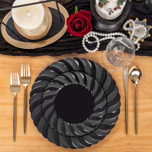 U-QE 60 Pcs Black Plastic Plates for Party – Black Plastic Disposable Heavy Duty – Include 30 10.25" Dinner & 30 7.25" Dessert Plate - Perfect for Parties, Weddings - Image 3