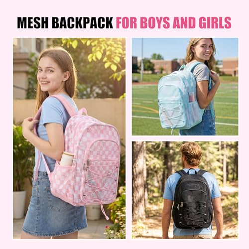 Image of COVAX Mesh Backpack for School Heavy Duty Semi-Transparent Bookbags for Beach, Swimming, Sports, Work, Travel (Pink and White Checkerboard)