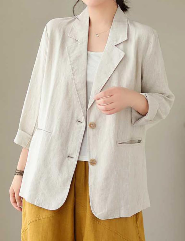 IDEALSANXUN Blazer da donna in cotone e lino, a maniche lunghe, leggero, da lavoro, casual, per la primavera e l'estate