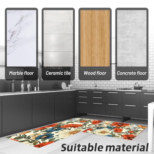 Tapis de cuisine lavable et anti-glisse | Solution sol propre fleurs vintage - 7